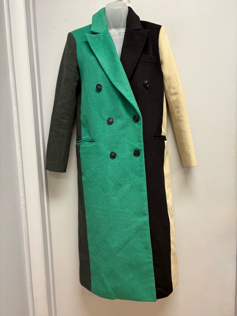 English Factory Colorblock Wool Blend Long Coat Green Black Cream S - Picture 2 of 15
